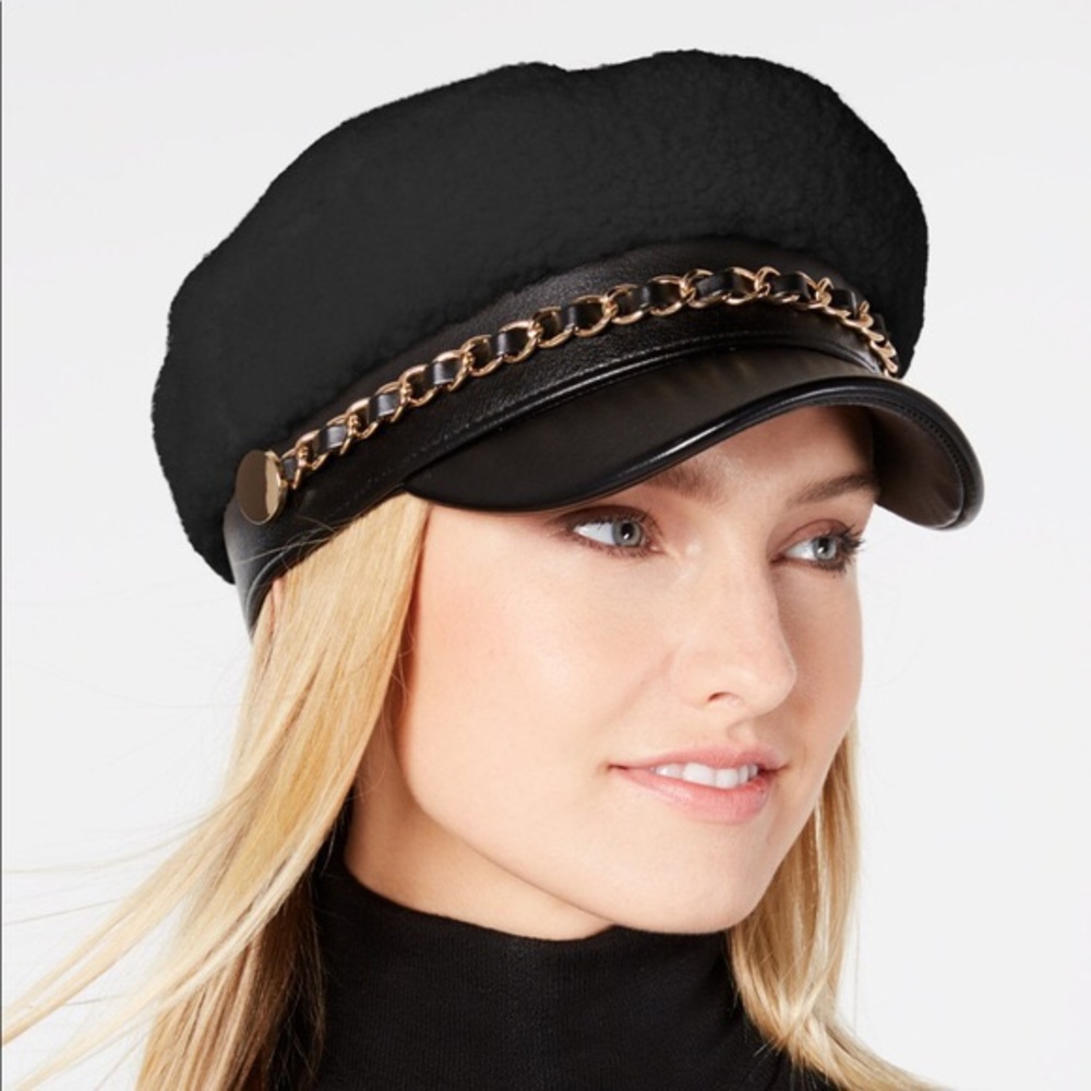 NWOT Black leather and Sherpa Newsboy Hat